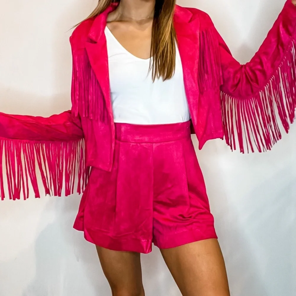 NWT Suede Shorts/Jacket Set in Hot Pink with fringe detail - Picture 2 of 3
